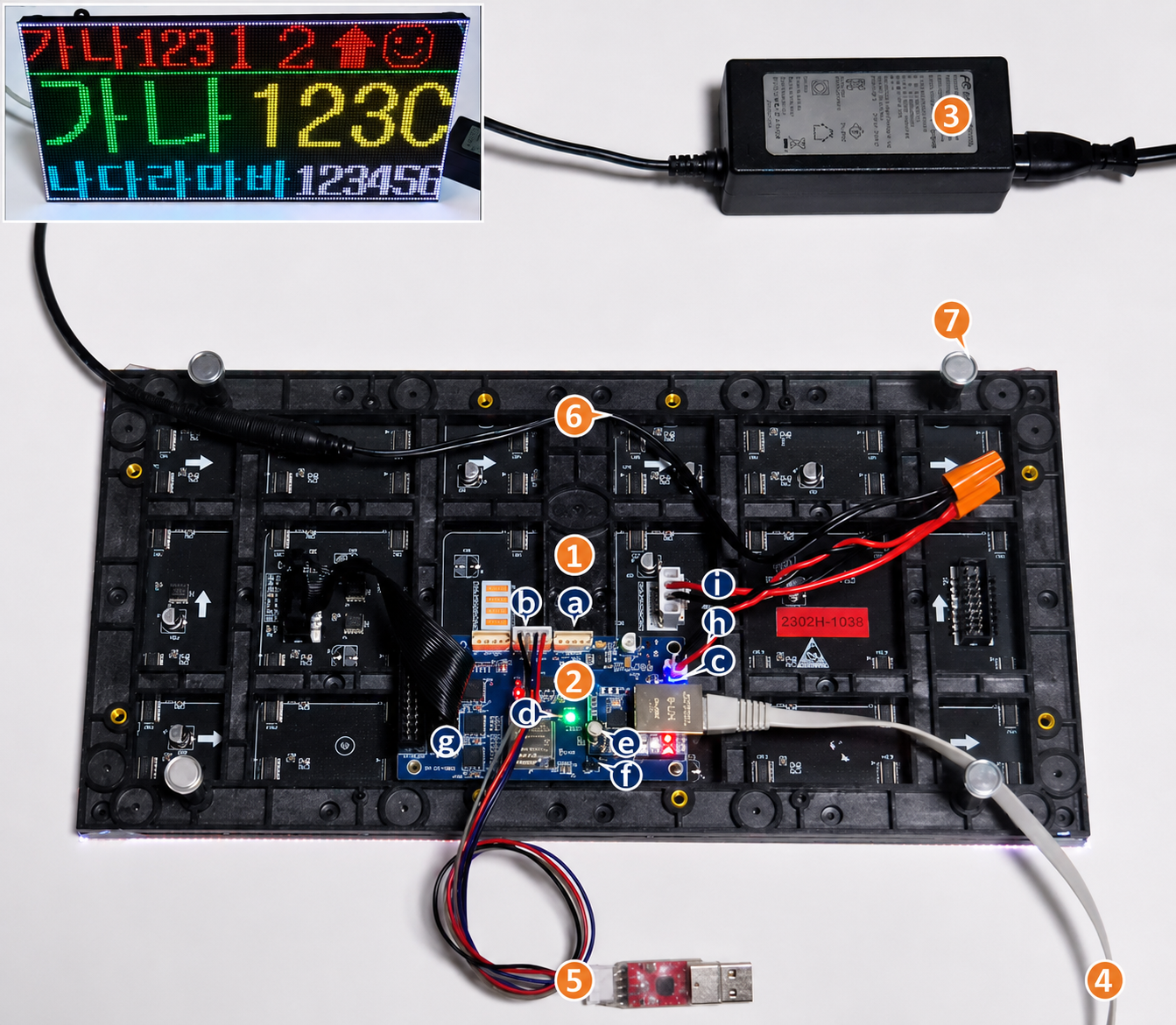 GD500-KIT-A 구성 전체 — LED 판넬·컨트롤러(①②)·아답터(③)·USB-TTL 컨버터(⑤)·연결 예시